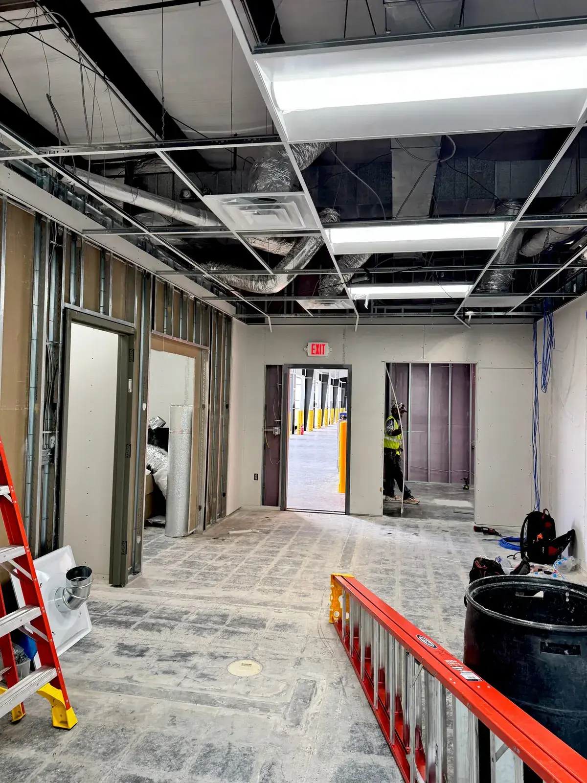 Egress hallway with exit lighting