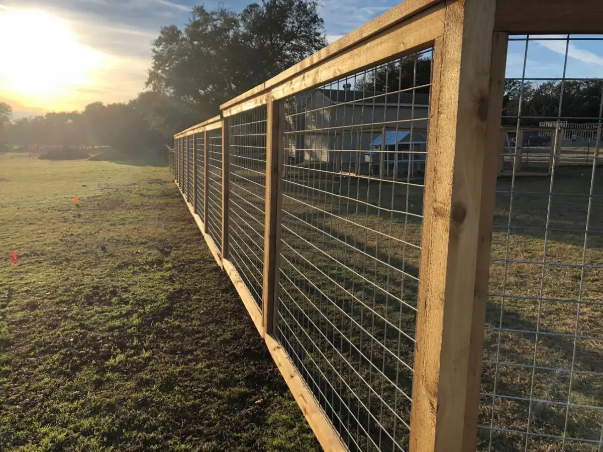 Hog-wire and cedar fence at sunset