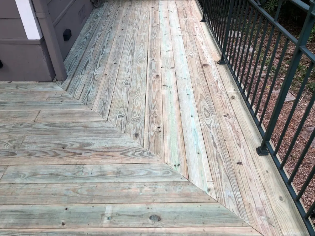 Wood deck with a diagonal board detail