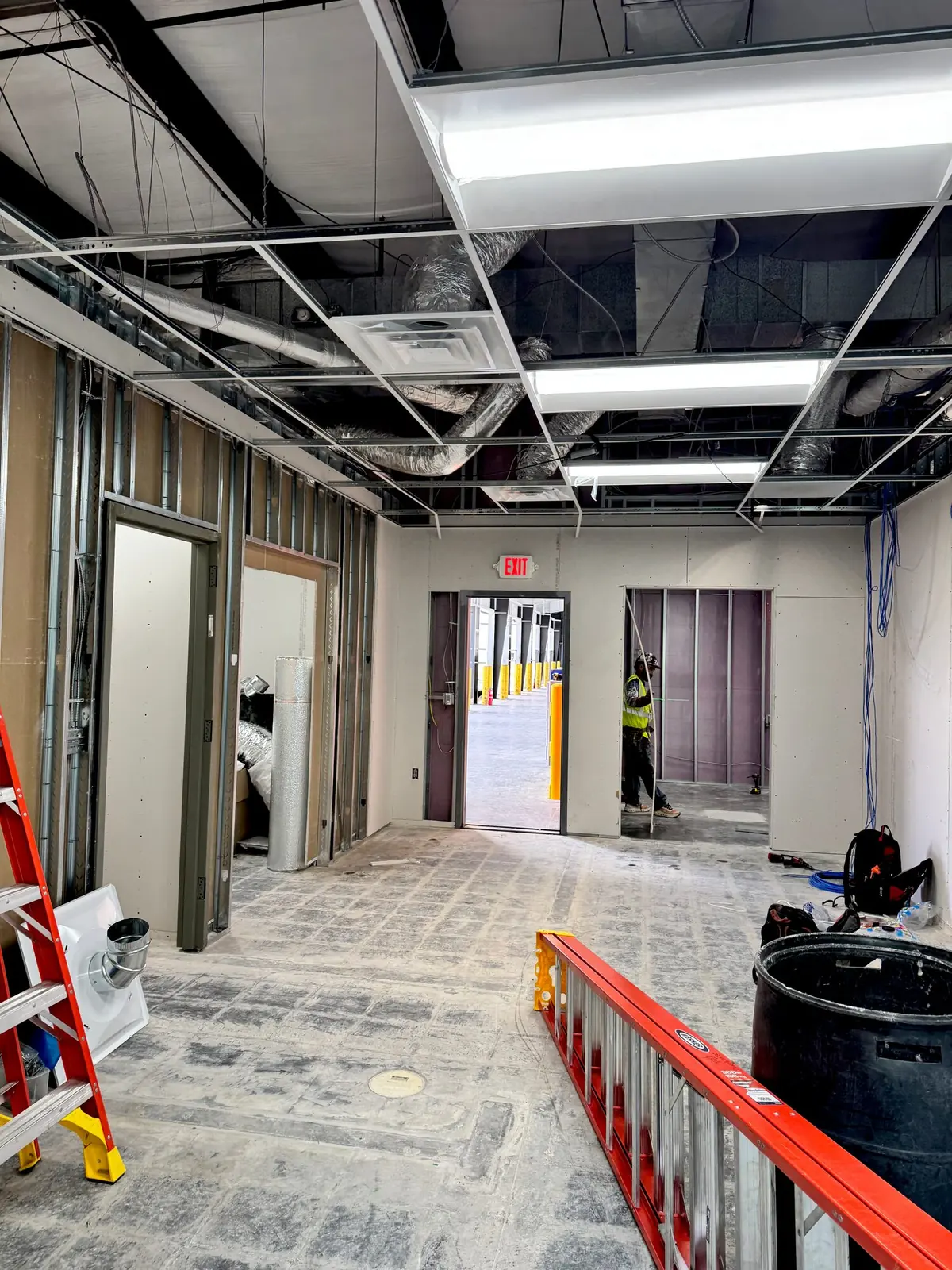Egress hallway with exit lighting